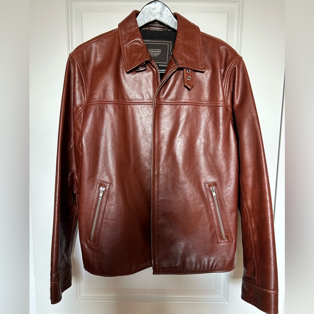 COACH Men’s Brown Leather Jacket. Mid length. Medium. Needs new insert pin